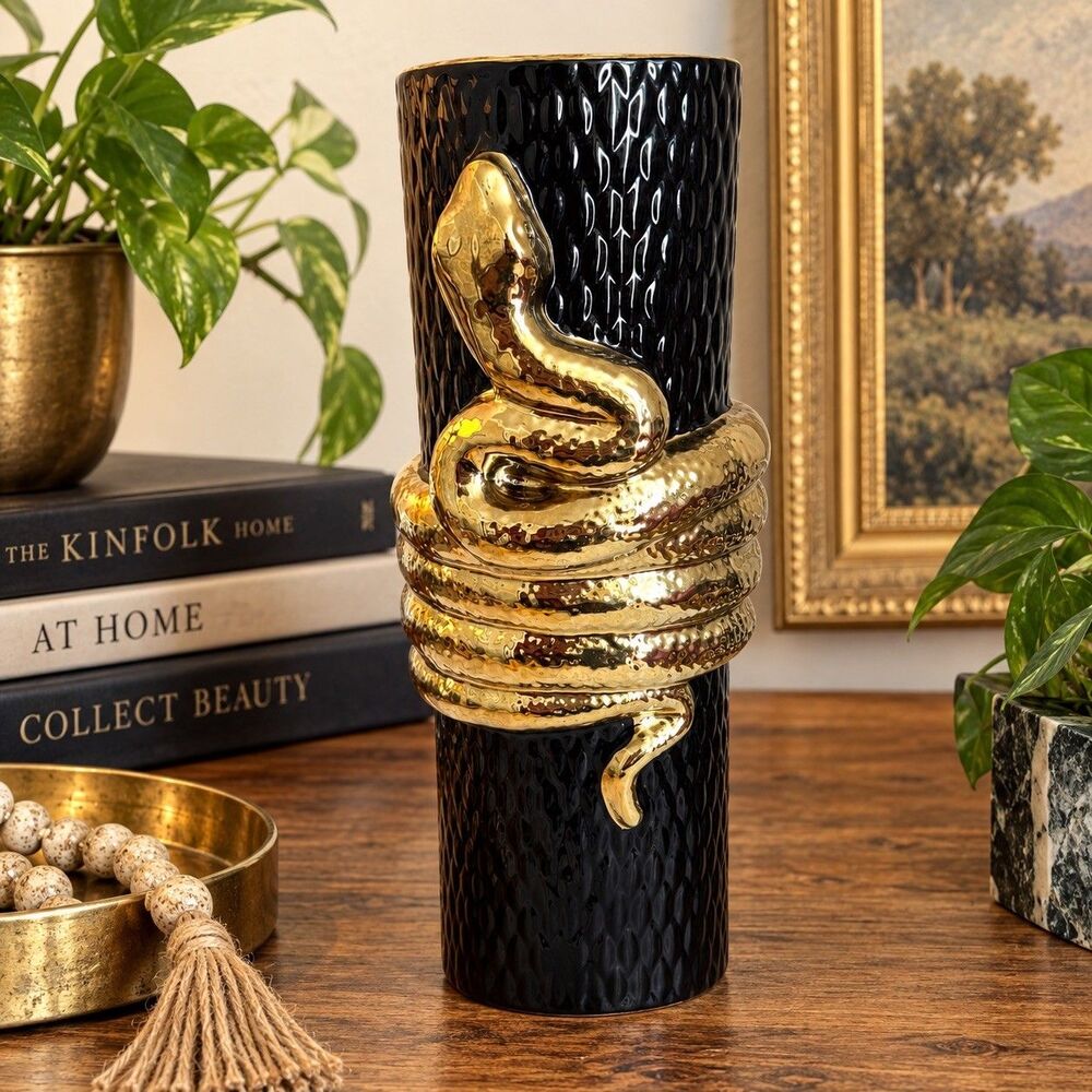 Vintage Black Gold Snake Serpent Vase 12” Hollywood Regency Maximalist Decor